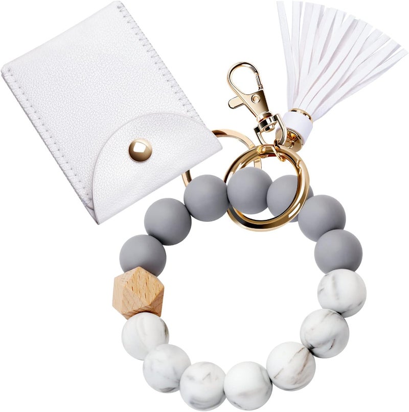 UpUDo Keychain Bracelet Wristlet, Silicone Beaded Key Ring Bracelet with Card Wallet, Elastic Keyring Bangle for Womens - Image 1